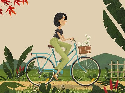Bike Ridin' bike fern illustration japan plants woman