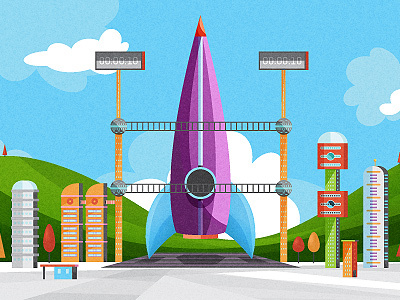 Launchpad buildings clouds illustration launchpad mountains rocket sky