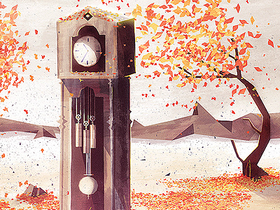 Clockin' autumn illustration leaves mountains paint sky tree wood