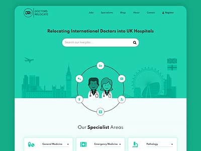 Relocating international doctors to the UK block colour website clean website doctor website green website illustration website medical website modern website