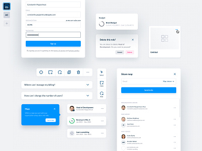 Modals and Design Components for Con Cubo buttons cards components dashboard design design system fields form icons menu modules product sign up form styleguide styles tool bars ui user interface visual identity web app