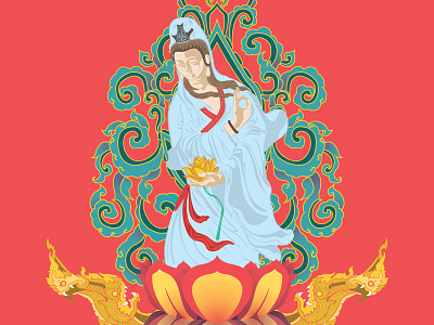 Kwan Yin Goddess Illustration buddhism chinese culture embroidery flat illustration kwan yin lai thai lotus pattern serpent yoga