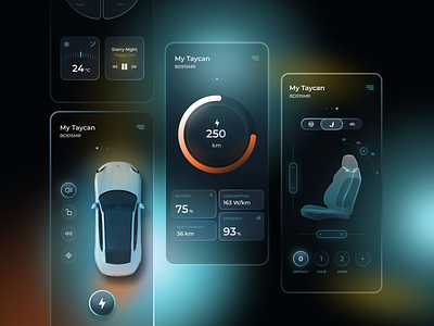 Porsche Taycan Assistant automotive battery car cards ui controls electric car figma glassmrphism gradient ios app ui
