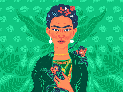 Frida Kahlo (snippet) art artist draw drawing face female feminine forest frida fridakahlo green illustrate illustration jungle leaf leaves monkey portrait woman