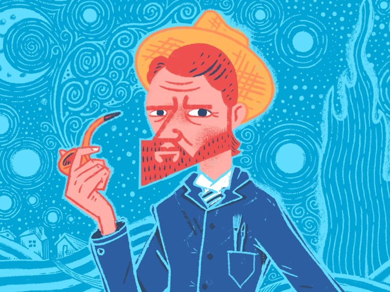 Van Gogh (snippet) illustration painter pipe hat portrait swirls starry night night stars artist art vincent vangogh van gogh