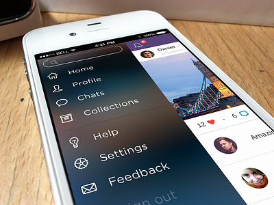 Menu UI app feed icons ios 7 menu profile social timeline