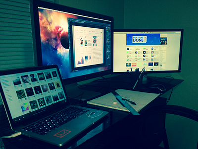 Setup apple desk macbook pro monitors photoshop rdio retina thunderbolt wireframes workspace workstation