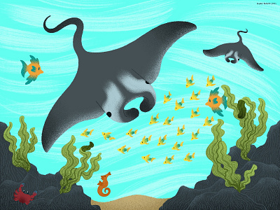 Manta Landscape blue cute fish green illustration kidlit kidlit art kidlitart landscape manta manta ray manta rays mantas ocean ocean illustration school of fish seahorse tropical fish under the sea