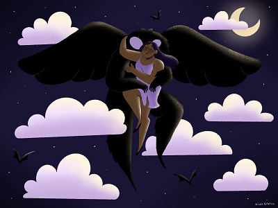 A Dance with Mothman bat bats cryptid cryptids cute design digital painting digitalart flight float fly illustration love moon mothman night sky procreate purple sky spooky