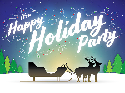 Rejected Holiday Party Invite blue christmas holiday holiday party invitation invite reindeer sleigh starry sky string of lights vector art winter xmas