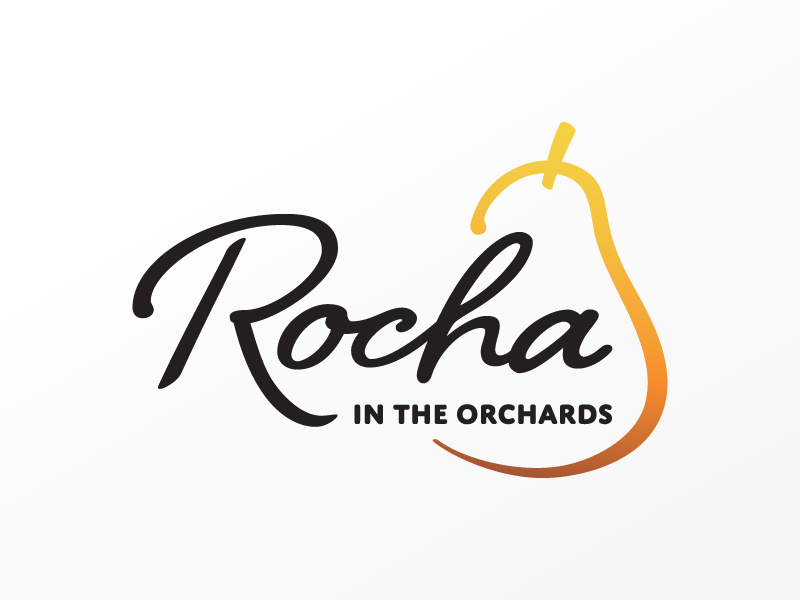 Rocha in the Orchards logo sunset identity handwriting script pears logo design rocha logo