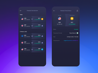 Buy Crypto - Transaction History app bitcoin blockchain crypto dark detail ethereum exodus fiat history transaction history ui usd ux
