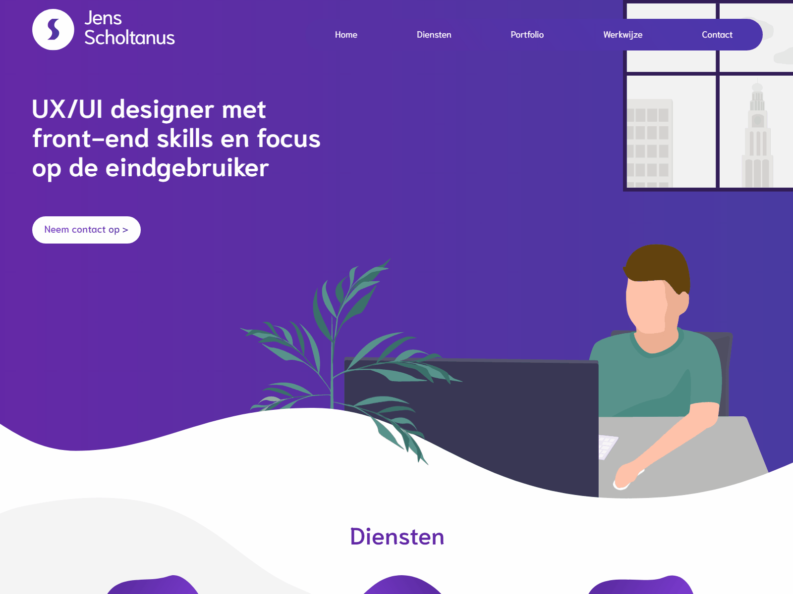 My portfolio website with animated illustrations animated css animation design entrepreneur groningen illustration illustrations leaf plant purple webdesign working space