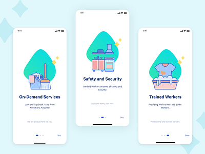 Walkthrough screens- Maid it Easy App brand guideline cleanning service colorscheme iphonex maid it easy minimalism onboarding screen ondemand service service app typography ui design walkthroughs