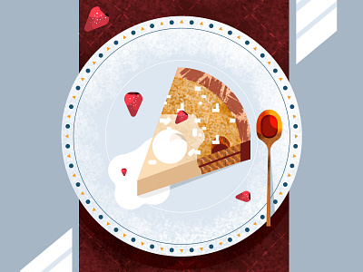 A slice of Cake 2d cake design dessert dishes flat food geometric illustration pastry shapes simple spoon strawberry sweet texture vector