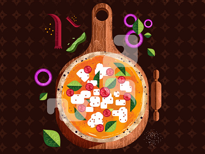 Cheesy Pizza 2d cheese design flat food illustration geometric hot illustration pepperoni pizza shapes simple texture toppings vector vegetables