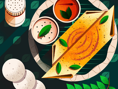Dosa - Indian Crepe with Chutney 2d bread cooking delicious design dinner flat food geometric hot illustration leaves meal pancake shapes simple spicy texture vector yummy