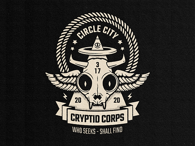 Cryptid Corps 2020 all seeing eye badge cat cryptid graphic design horns indianapolis lockup logo msg317 pyramid skull vector vintage wings