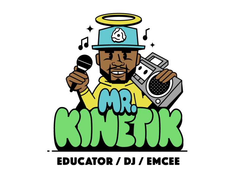 Mr. Kinetik Graphics boombox branding cartoon character dj educator hiphop mc merch mic rap