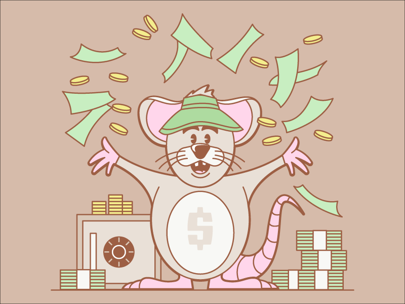 Cash Rules Everything Around Mouse cash hat visor coins dollars safe money character cartoon illustration mouse msg317