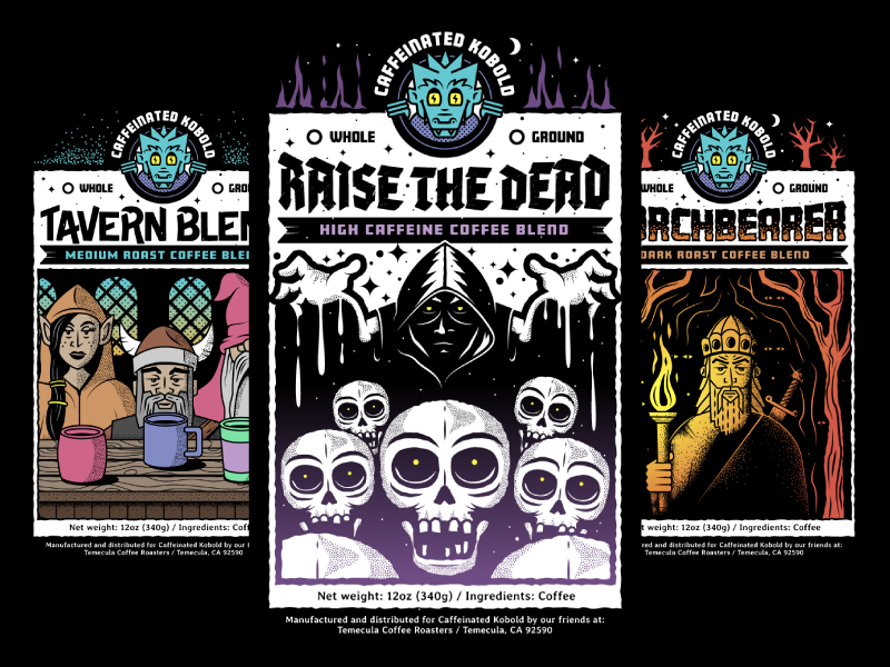 Caffeinated Kobold Coffee Labels caffeine rpg skulls kobold coffee package design illustraion label design