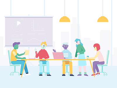 Teamwork 2d alien brainstorm character charater design flat illustration office teamwork work workspace