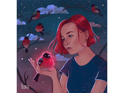 Self-portrait with bullfinches autoportrait birds blue book book illustration bullfinche bullfinches cgart cgartist clouds digital illustration fairy graphics illustration portrait procreate redhair sky trees