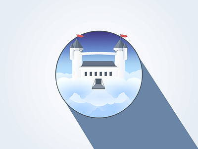 The Castle In The Sky blue castle floating icon illustration red sky white