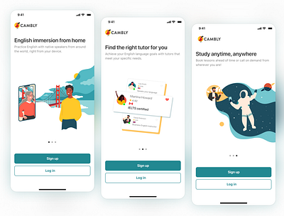 Cambly Onboarding carousel illustraiton ios login mobile onboarding onboarding screens signup ui welcome screen