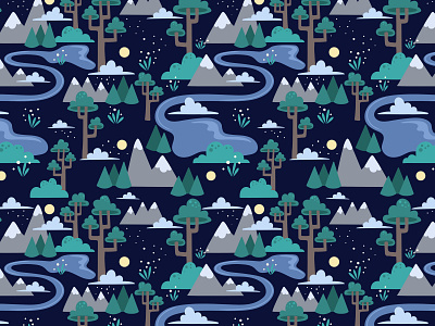 Moonlit Woodland Pattern design fabric forest graphic illustration mountain pattern sky trees vector woods