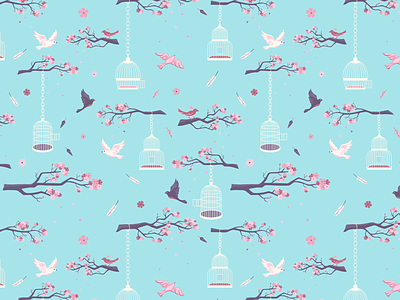 Cageless Pattern birdcage birds branches cherryblossom design graphic illustration nature pattern spring vector