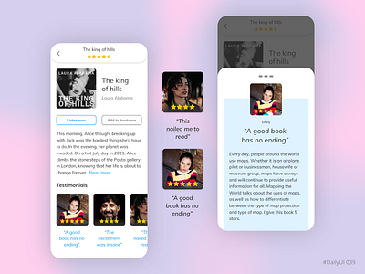 Testimonials of Audiobook adobe xd adobexd app audiobook daily ui dailyui mobile ui ui ux ux