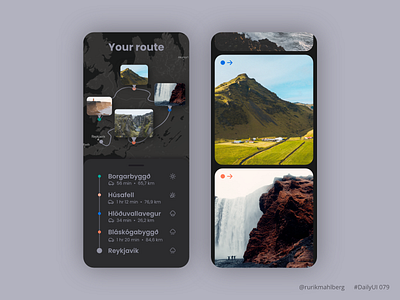 Itinerary adobe xd daily ui dailyui dark ui iceland map mobile modern route routes trendy trip ui ux