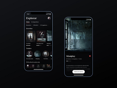 Escape Room — Mobile App black bluu next brutalist carousel dark dismal escape room maison neue mobile mobile app panic room sharp typography ui user interface ux visual design