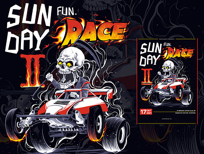 Sun Race artwork design digitaldrawing digitalillustration engine handdrawn illustration poster posterillustration race racing skull tamiya tshirt design