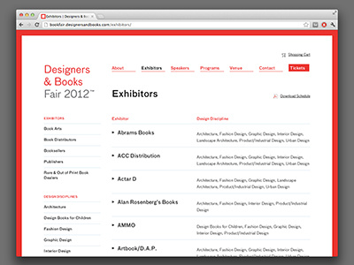Exhibitors books designers exhibitors front end grid list red table website white wordpress