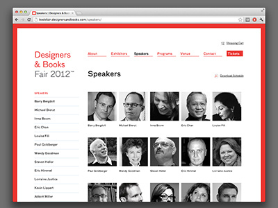 Speakers List books designers front end grid list red table website white wordpress