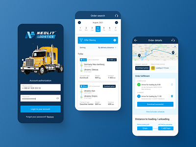 Trucking app UX/UI design adaptive android app cargo clean daily ui delivery design ios logistics mobile mobile application mobile design parcel product responsive design service truck ui ux