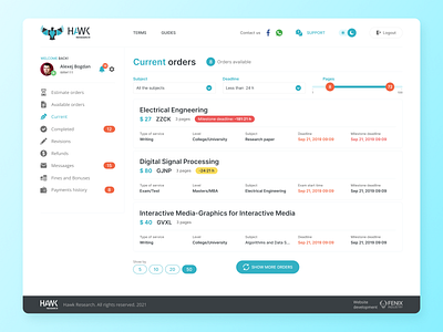 Hawk Research - current orders dashboard design