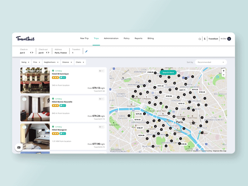 Hotel Search hotel search map product design travel app trip planner ui ux design