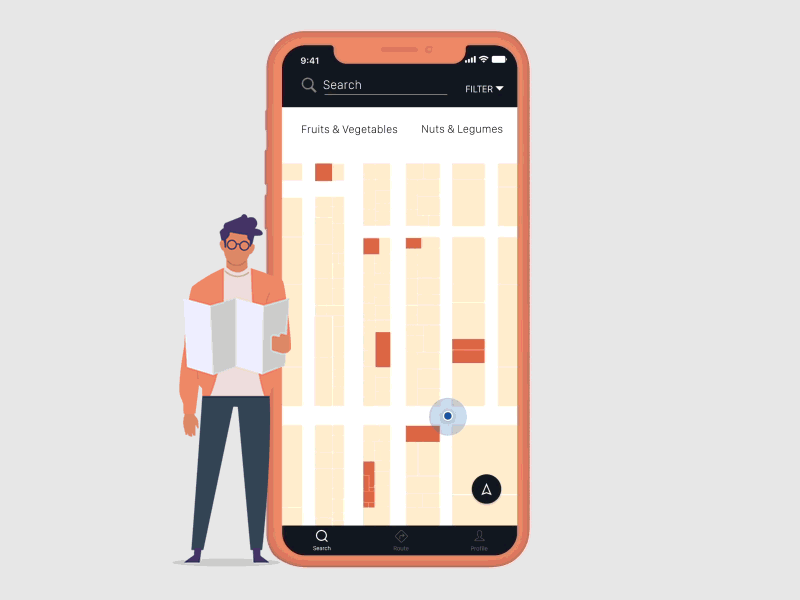 Meet Routy- Search adobe illustrator after effects animation animated gif app delight illustration interaction design map market search ui ui ux design