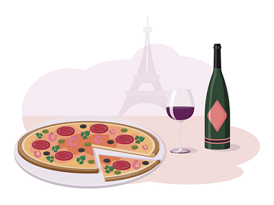 Dinner in Paris dinner eiffel tower glass illustration paris pizza romantic vector wine