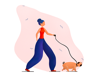 Walking with a pug blue body design dog dog illustration girl illustration ipad pink procreate procreate app procreate art pug pugs sport vector walk walking