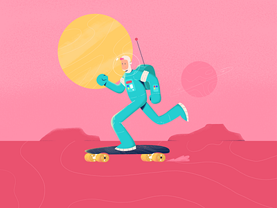 Somewhere on the Mars character character design design digital digital art flat flat design illustration longboard mars space vector