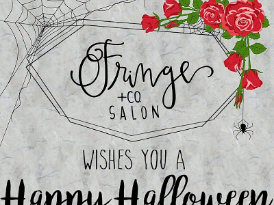Fringe Salon Happy Halloween promotional poster flowers hair salon halloween illustration poster spiderweb