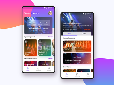 Music Fest App adobe xd android app design app ui clean colorful festival gradient minimal music ticket booking ui ui ux