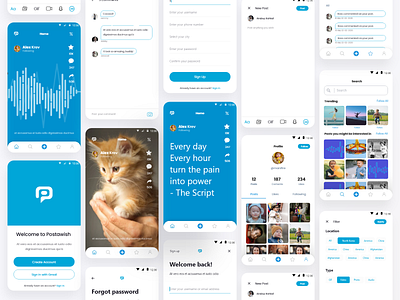 Postawish 2d art art audion blue branding design illustration logo networking app phot social app text ui user interface ux vector video