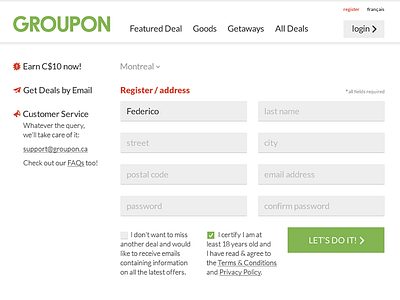 GROUPON register revision buttons forms interface ui