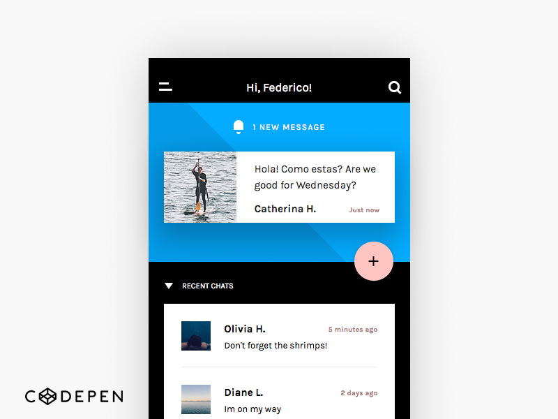 Invision Chat UI Screen 1-5 (codepen) share free code kit invision html css codepen chat ui