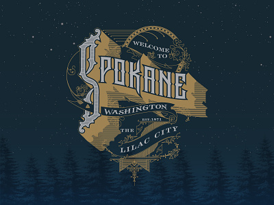 Welcome to Spokane lilac city night sky pnw sanborn spokane stars tree type typography vintage washington